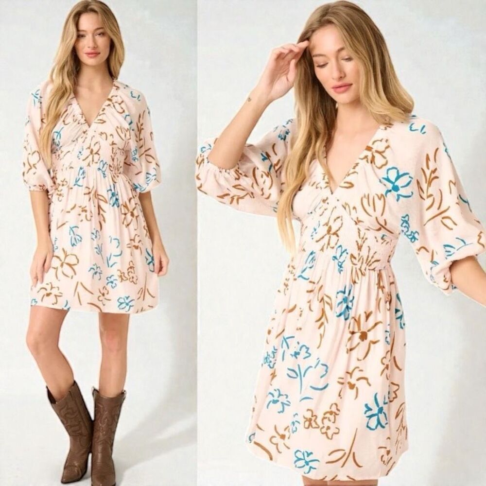 Flower Print Smocked Waist Mini Dress - Mittoshop NWT